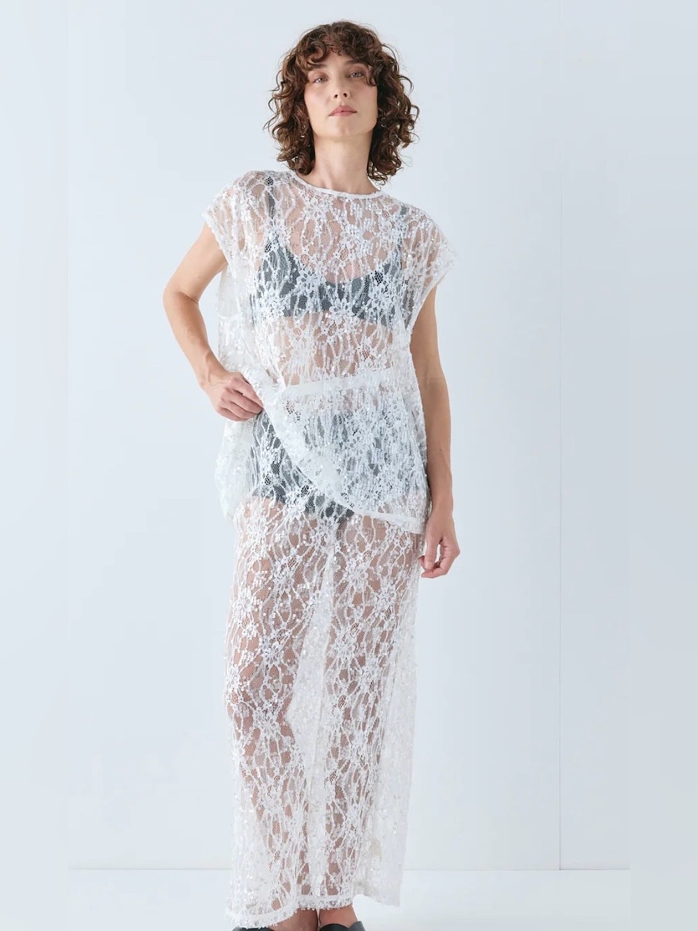 Sheer Sequin White Lace Maxi Skirt